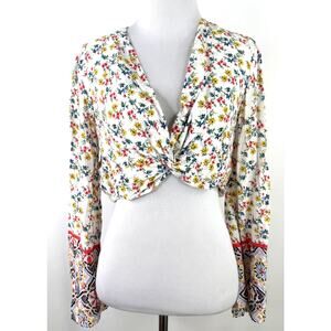 Lost + Wander Women's Floral Twist Crop Bell Sleeve Blouse Shirt Size Small